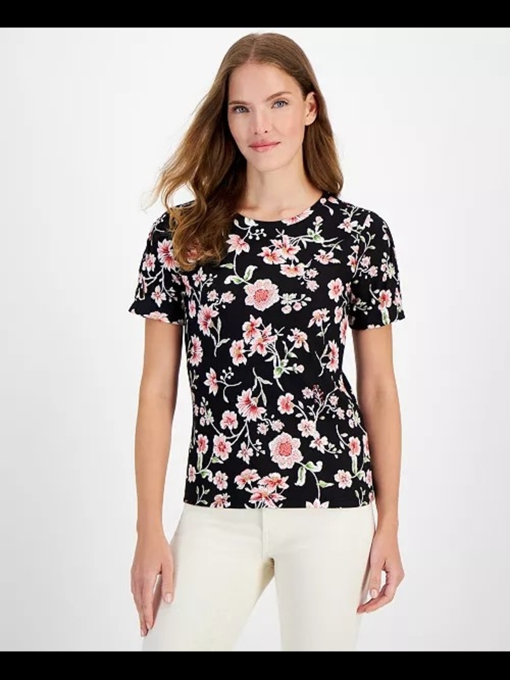 Nautica Black Floral Short-Sleeve Tee with Pink Blossoms